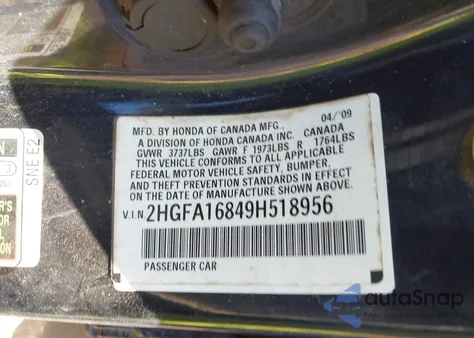 2009 Honda Civic Ex from USA, damaged, VIN 2HGFA16849H518956